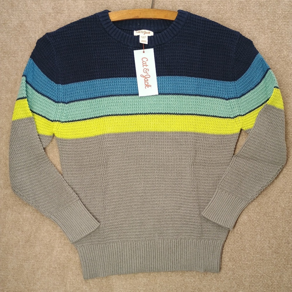 NEW Textured Crew‎ Neck Sweater Boys SMALL 6/7 Blue Gray Striped Cat & Jack NWT